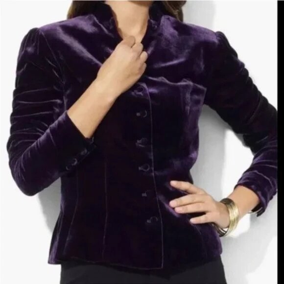 LAUREN RALPH LAUREN Purple Silky Rayon Velvet High Neck Button Up Jacket TOP 14 - Picture 1 of 8